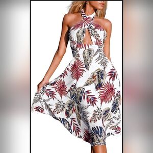 Cupshe Backless Tropical Leaf Dress - Red and Blue